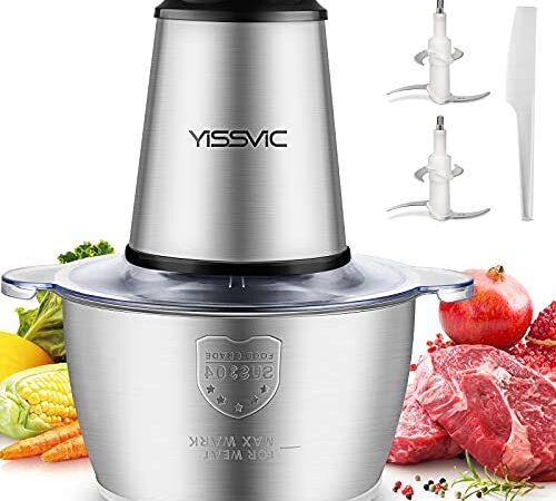 YISSVIC Tritatutto da Cucina Elettrico 2L, 2×4 Lame 500W Tritatutto Elettrico Frullatore Multifunzione con Ciotola in Acciaio Inox, per Frutta Verdura Carne Spezie, 2 Velocità