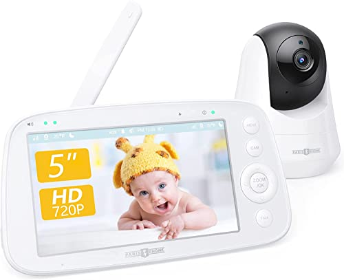 Baby Monitor Video, 5" 720P HD display, FHSS, No WiFi 2-Vie Conversazione, 4X Pan-Tilt-Zoom Telecamera VOX Modalità Visione Notturna 110° obiettivo grandangolare promemoria temperatura e alimentazione