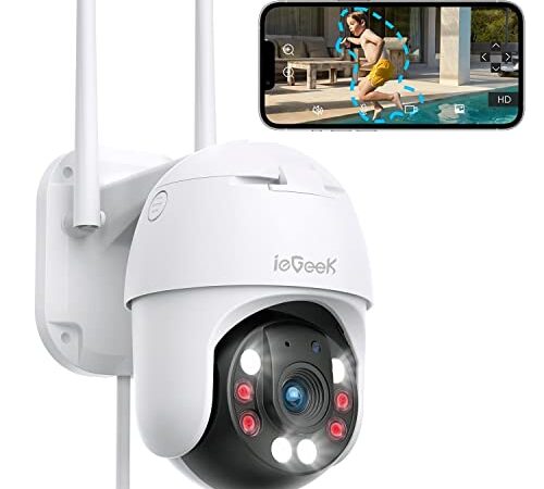 ieGeek Telecamera Wi-Fi Esterno 360 Gradi, PTZ Telecamera Sorveglianza Motorizzata Esterna,Visione Notturna a Colori,Rilevamento del Umano,Tracciamento Automatico,Supporto PC/Sirena/IP66/Audio a 2 Vie