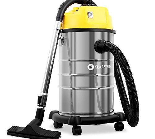 Klarstein IVC-30 - Aspirapolvere Industriale, 1800 W, Protezione IP X4, Contenitore Acciaio Inox 30 Litri, Sistema Soffietto, Base in Plastica, Argento/Giallo