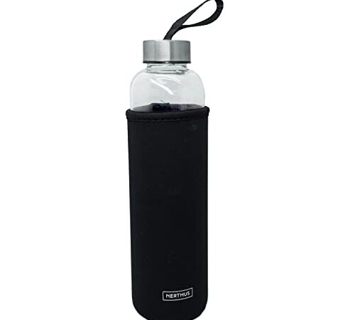 Nerthus FIH 648 Bottiglia di Vetro da 600 ml Nero, Borosilicato e neoprene