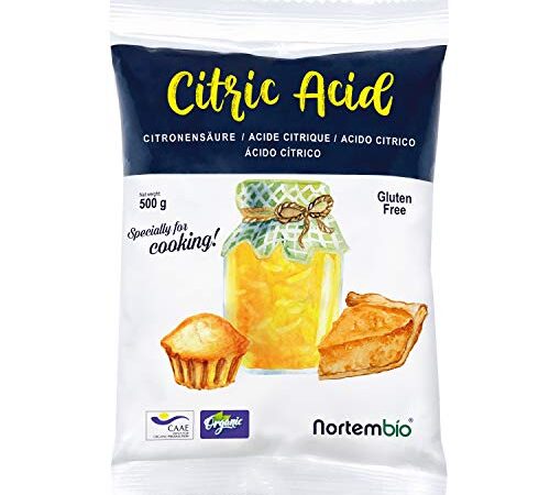 Nortembio Acido Citrico Biologico 500 g. Qualità Alimentare e 100% Puro. Conservante per Pasticceria e Cucina. Acidificante in Polvere per Bevande e Marmellate. E-Book di Ricette Incluso.