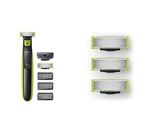 Philips Qp2520/30 Oneblade Rade, Regola E Rifinisce La Barba di Qualsiasi Lunghezza, 3 Pettini Regolabarba + 1 Lama di Ricambio & Qp230/50 Oneblade Lama di Ricambio, Confezione da 3 Pezzi