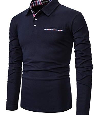 YCUEUST Cotton Reticolo Polo Uomo Manica Lunga Basic Golf Casual T-Shirt Blu L