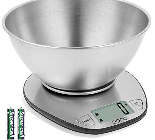 Amazon Brand – Eono Bilancia da cucina digitale, in acciaio inossidabile con piatto rimovibile, funzione tara, display LCD, capacità 5 kg/11 lb, garanzia 15 anni