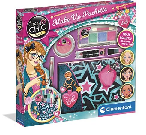 Clementoni - 18697 - Crazy Chic - Make Up Pochette - trousse cosmetici bambina 6anni+, trucchi bambina anallergici, borsetta con trucchi (ombretti, rossetto, matita per labbra), Multicolore, Medio