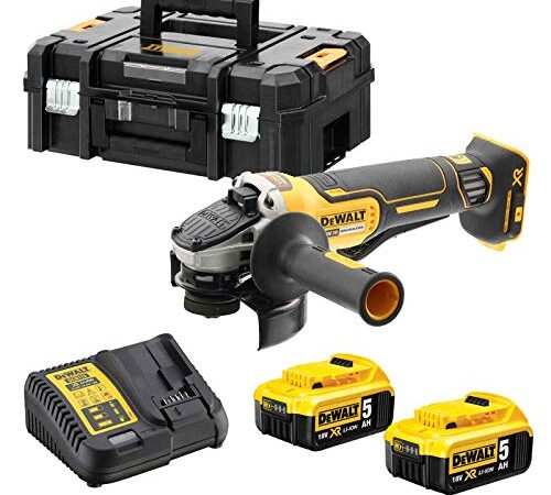 DeWALT Smerigliatrice angolare a batteria DCG406P2-QW 18 V 5 Ah – Dispositivo senza spazzole con funzione Totmann – incl. 2 batterie da 5 Ah 18 V, caricatore, T-STAK II