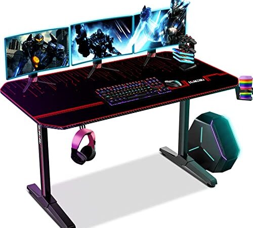 Himimi Scrivania Gaming 55'' Scrivania Da Gioco, 140x61x76cm Scrivania Gaming Desk per Laptop PC, Tavolo Gioco con Tappetino Per Mouse, Gestione dei Cavi, Gancio per Cuffie, Maniglia di gioco