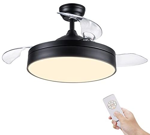 Ventilatore da Soffitto Newday 107 cm con Luci e Telecomando, Ventilatore da Soffitto Retrattile con 3 Pale Invisibili (Nero)