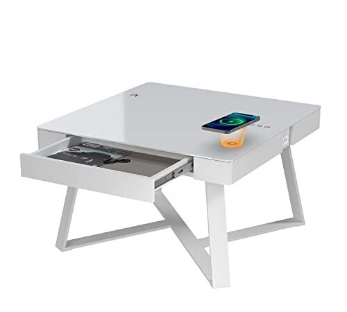 ATLASIO Tavolino da Salotto con Casse Bluetooth & 2 Basi Ricarica Wireless, Tavolino da Soggiorno 75x75 cm con Touchpad Smart, USB C, AUX, Postazione Ricarica Induzione, Bianco