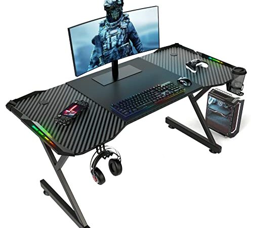 Scrivania da Gaming con LED, Scrivania da Gioco 120 x 60 cm, Scrivania da Gioco Ergonomica, Tavolo Gaming PC con Tappetino per Mouse, Supporto per Cuffie e Porta Bevande, Tavolo Nero