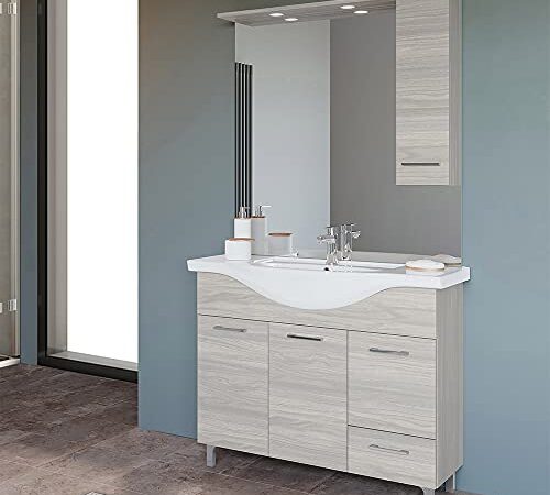 Mobile bagno a terra moderno, lavabo in ceramica, INCLUDE specchiera con pensile e illuminazione LED (Rovere Grigio, Larghezza 105 cm)