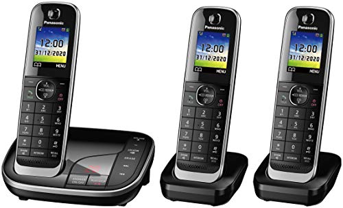 Panasonic KX-TGJ323EB - Telefono cordless senza fili per la casa, con blocco chiamate e display LCD a colori, tre unità, colore: Nero