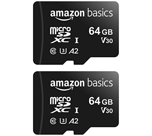 Amazon Basics Microsdxc 64 Gb, Con Adattatore Sd, A2, U3, Velocità Di Lettura Fino A 100 Mb/S, 2 Unità, Nero