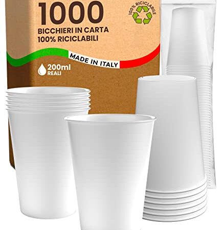 1000 Bicchieri in Carta 200ml Ecologici Biodegradabili Monouso BIANCHI Made in Italy Asporto Bevande Calde Acqua - Prodotto e confezionato in Italia