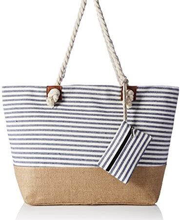 Amazon Brand - Hikaro Grande borsa da spiaggia idrorepellente con cerniera Strisce blu scuro