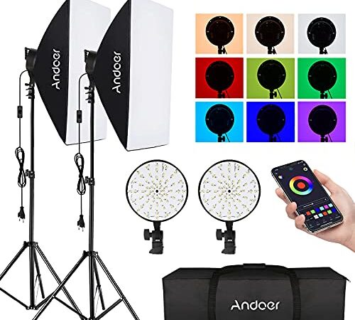 Andoer Set softbox per studio fotografico 50 x 70 cm, set di illuminazione con E27 35 W 5500 K, 3 filtri a colori R/G/B e 2 m di treppiedi luce completamente regolabili per YouTube, TikTok