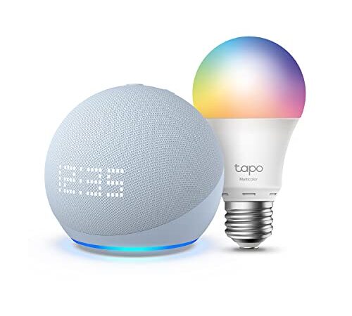 Echo Dot (5ª generazione, modello 2022) con orologio, Azzurro tenue + TP-Link Tapo Lampadina WiFi Intelligente LED Smart Multicolore (E27), compatibile con Alexa - Kit di base per Casa Intelligente