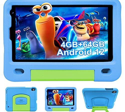 Tablet Bambini Android 12, Tablet 8 Pollici 4GB RAM 64GB/TF 128GB ROM, Tablet WiFi offerte Controllo Parentale, Giochi Educativi, Doppia Fotocamera, Play Store, Kid Tablet in offerta Custodia(Blu)