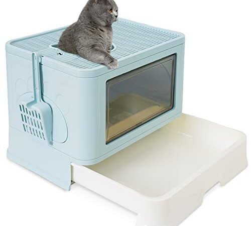 Lettiera gatto chiusa, pieghevole con spazzola in pelliccia, cassetto, lettiera per gatti, facile da pulire e grande capacità (blu)