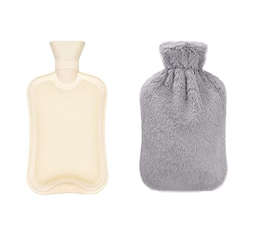 Borsa dell'acqua calda con rivestimento morbido, 1 l, grande per donne, uomini e bambini, calore a lungo termine, sollievo rapido dal dolore (grigio)