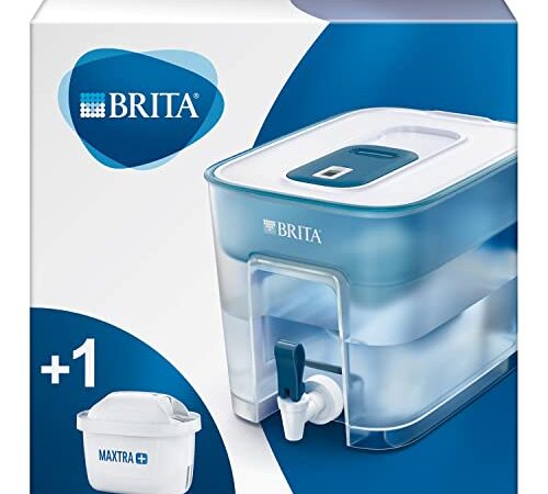 BRITA Dispenser Filtrante Flow per acqua, Blu (8.2l) - incl. 1 Filtro MAXTRA+ per la riduzione di cloro, calcare e impurità / 30.2 x 21.4 x 22