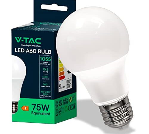 V-TAC Lampadina LED A60 con Attacco E27 potenza 10.5W (Equivalenti a 75W) - Lampadina di Nuova Generazione - 1055 Lumen - Massima Efficienza e Risparmio Energetico - 6500K Luce Bianca Fredda