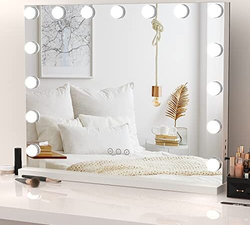 Dripex Specchio da Trucco con Luci, 58x46cm Specchio Hollywood da Toeletta con Lampadine a 15 Led Tre Colori di Luce e Funzione di Luminosità Regolabile con Controllo Tattile, Bianco