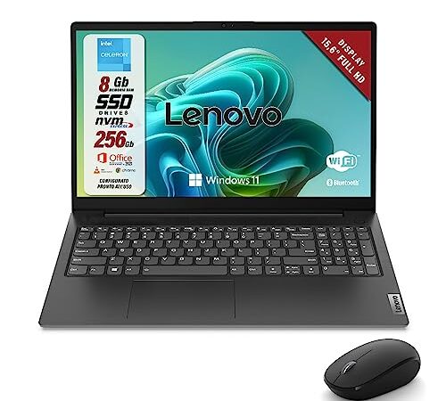 Lenovo, Pc portatile notebook con suite office, display FHD da 15,6", cpu intel N4500, ram 8Gb, ssd 256Gb, win 11 pro, computer portatile con mouse wireless