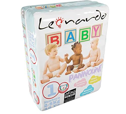 Leonardo Baby - pannolini taglia 1 new born ( 2-5 kg ) 48 pz - totale comfort - massima assorbenza - protezione completa - con indicatore esterno - extra soffice e assorbente