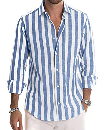 Meilicloth Camicia Uomo a Righe Cotone Manica Lunga Casual Lino Trama Western Regular Fit Blu Bianca L