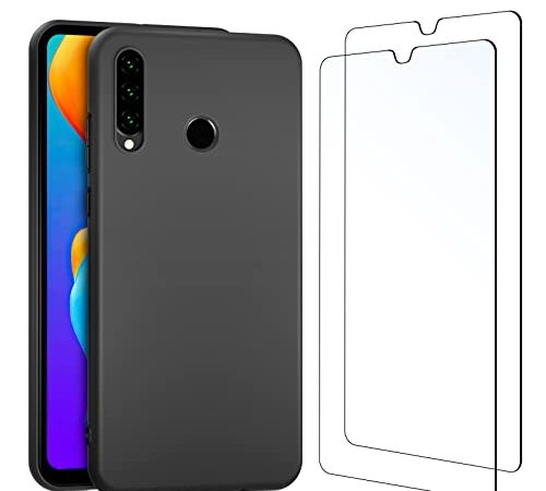 NEW'C Cover per Huawei P30 Lite in silicone custodia ultra sottile nero e 2 × vetro temperato per Huawei P30 Lite, pellicola protettiva per schermo