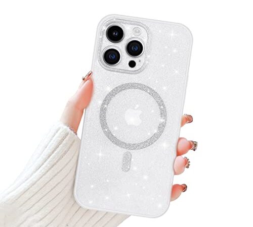 Newseego Custodia per iPhone 13 PRO Max Glitter Trasparente Ragazze Donne[Compatibile con MagSafe], Cover Magnetica Telefono Scintillante Antiurto Protezione Fotocamera Cover iPhone 13 PRO Max-Bianco