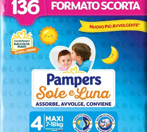 Pampers Sole e Luna Pannolini Maxi, Bambini Unisex, Taglia 4 (7-18 kg), 136 Pannolini