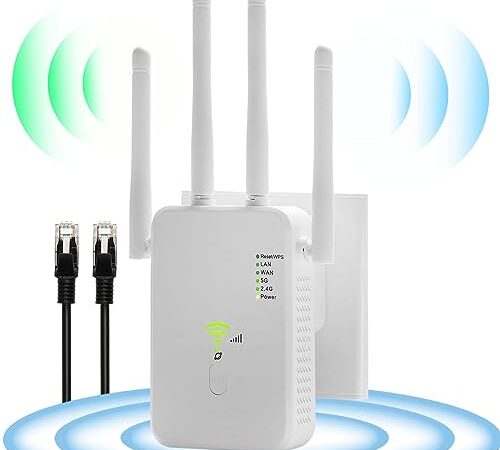 Ripetitore WiFi 1200Mbps, Extender WiFi Potente Dual Band 5GHz/2.4GHz, Amplificatore WiFi Wireless con 4 * 3dBi Antennas/WAN/LAN Porta Ethernet, WiFi Extender Supporta Modalità Ripetitore/Router/AP