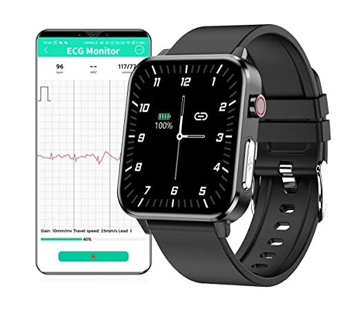 Smartwatch Uomo ECG, 1,7" Quadrato Orologio Intelligente Temperatura Corporea, IP68 Impermeabile Smart Watch Donna, Cardiofrequenzimetro da Polso Contapassi Tracker Attività per Android iOS Nero