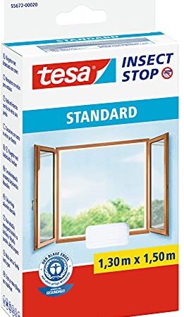 Tesa Insect Stop Zanzariera Standard per Finestre, Protezione dagli insetti e zanzare, Tagliabile su misura, Repellente, Senza foratura, Bianca, 130 x 150 cm