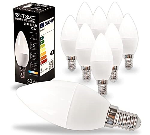 V-TAC 10x Lampadine LED Candela con Attacco E14 - 4,5W (Equivalenti a 40W) - Lampadine di Nuova Generazione - 470 Lumen - Massima Efficienza e Risparmio Energetico - 3000K Luce Bianca Calda