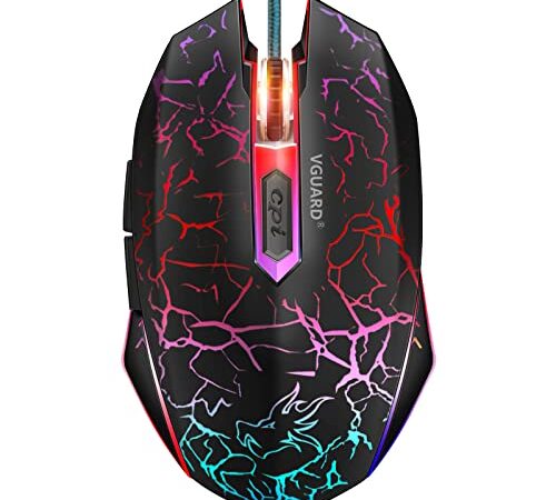 VGUARD Mouse da Gaming, Mouse con Filo USB, Mouse Ottico per PC Portatile Ergonomico, 6 Pulsanti Programmabili, 4 Regolabile DPI(800/1200/1600/2400), 7 Colori LED - Nero (Versione Aggiornata)