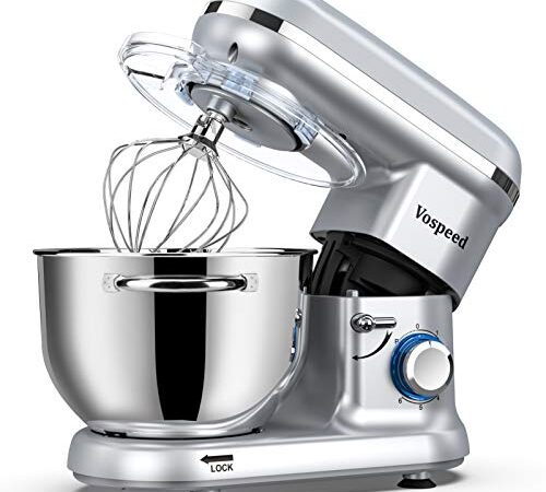 Vospeed Impastatrice Planetaria 6QT Robot da Cucina 1500W Multifunzione Impastatrice Professionale con Frusta, Gancio per Impastare, Frusta per Dolci, Ciotola di Acciaio Inossidabile (Argento)