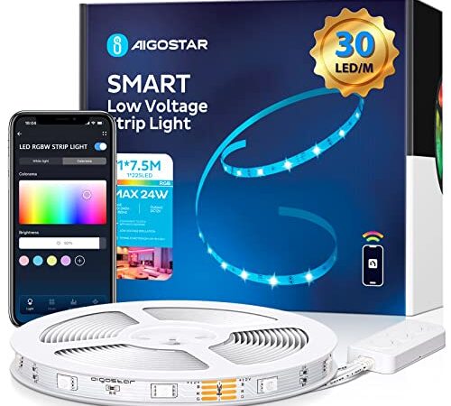 Aigostar LED Striscia Alexa 7.5 Metri, Luci Led RGB con 28 Tasti IR Telecomando, Strisce Led Wi-Fi Compatibile con Alexa e Google Assistant, Sync Music, per Festa/Bar/Camera/Sala E-Sport, 24 Watt