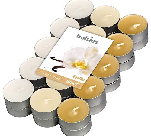 Bolsius Multicolor Tealight Profumate - Fragranza Vaniglia - Set di 30 Pezzi - 3 Colori - Lunga Durata di 4 Ore - Candele Decorative - Cera - Senza Fumo