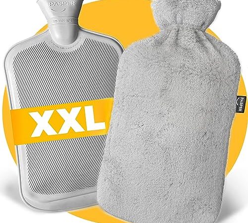 Borsa acqua calda XXL 3,5 litri Con Copertura In Pile - Con rivestimento in morbido pile grigio - Pasper - Extra grande - Borsa dell'acqua calda per neonati, bambini e adulti