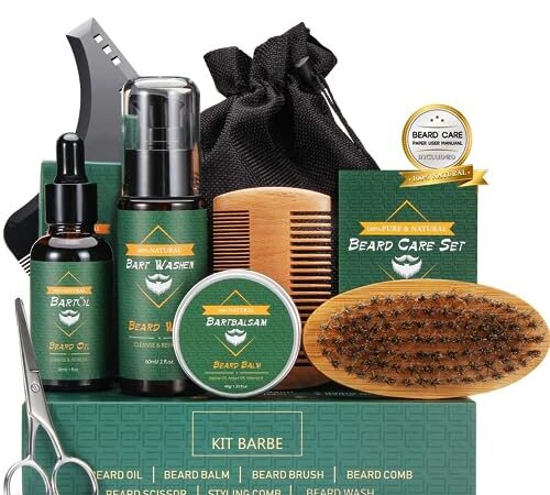 Kit Barba per Uomo 9 in 1 Kit per La Cura della Barba - Kit Cura Barba Completo con Olio Barba, Balsamo Barba, Shampoo Barba, Spazzola, Pettine, Forbici, Borsa di Stoccaggio, Perfetto Regali per Uomo