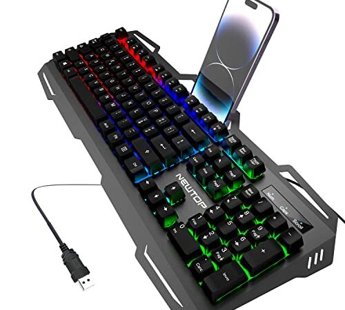 N NEWTOP Tastiera GTP03 Retroilluminata Nera Cablata Led RGB Gaming USB Keyboard Layout Italiano Qwerty 104 Tasti da Gioco Cornice Metallo Stand Smartphone per PC Desktop Computer Notebook