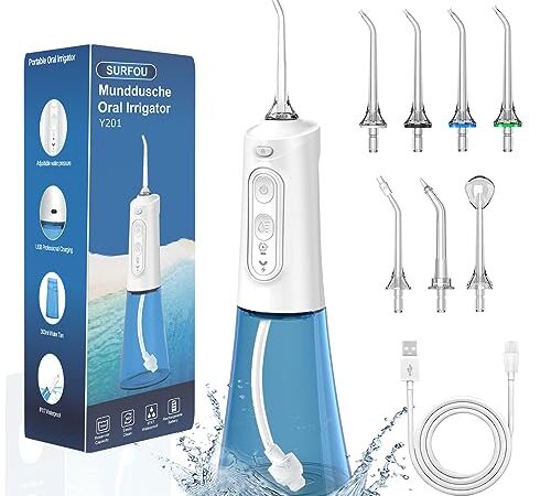 SURFOU Idropulsore Dentale Portatile 6 Pressione dell'Acqua 7 Ugelli 300 ml IPX7 Impermeabile USB Ricaricabile per Viaggi e uso Domestico