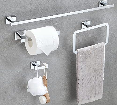 TDYU Set Completo Accessori Bagno, Porta Asciugamani 40 CM, Porta Carta Igienica, Anello Per Asciugamani e Gancio Per Accappatoio, Montaggio a Parete In Acciaio Inossidabile - 4 Pezzi