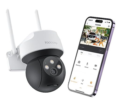 Topcony 2K 3MP Telecamera Wi-Fi Esterno, 360°PTZ Videocamera Sorveglianza,15m Visione Notturna a Colori, Umana & Rilevamento del Movimento, Tracciamento Intelligente, Sirena, Audio Bidirezionale,IP66